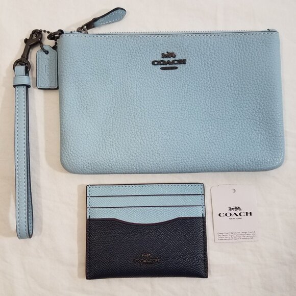 Coach Polished Pebble Wristlet 22952 + Credit Card Sleeve Light Blue Leather - Picture 1 of 15